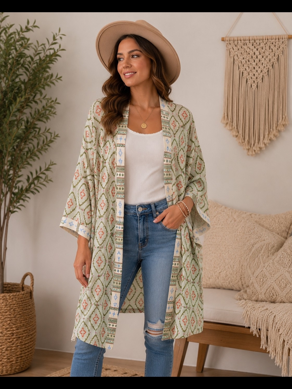 Ces Femme Oversized Boho Printed Kimono Cardigan Duster Open Front Size Medium